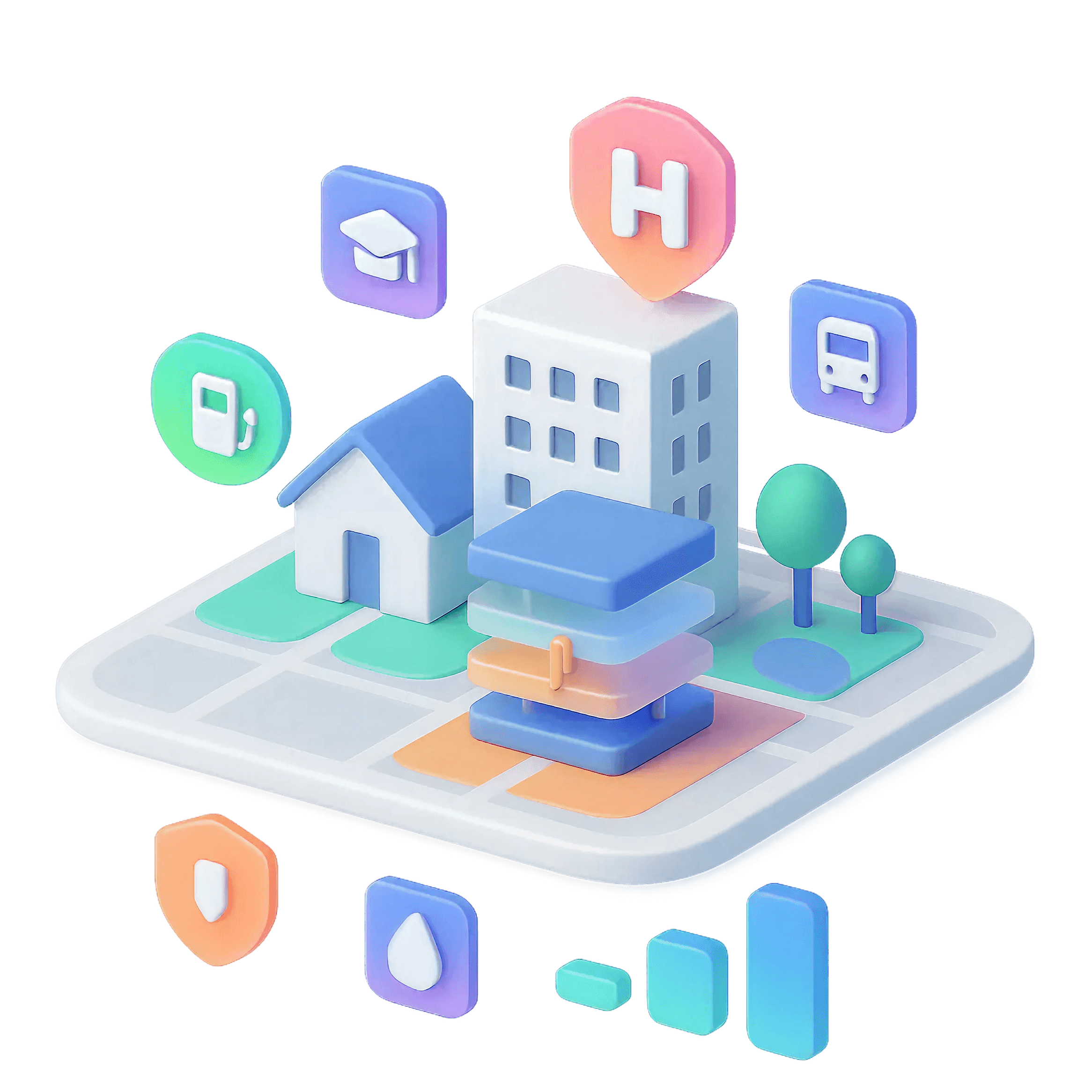 Two houses with service icons near them