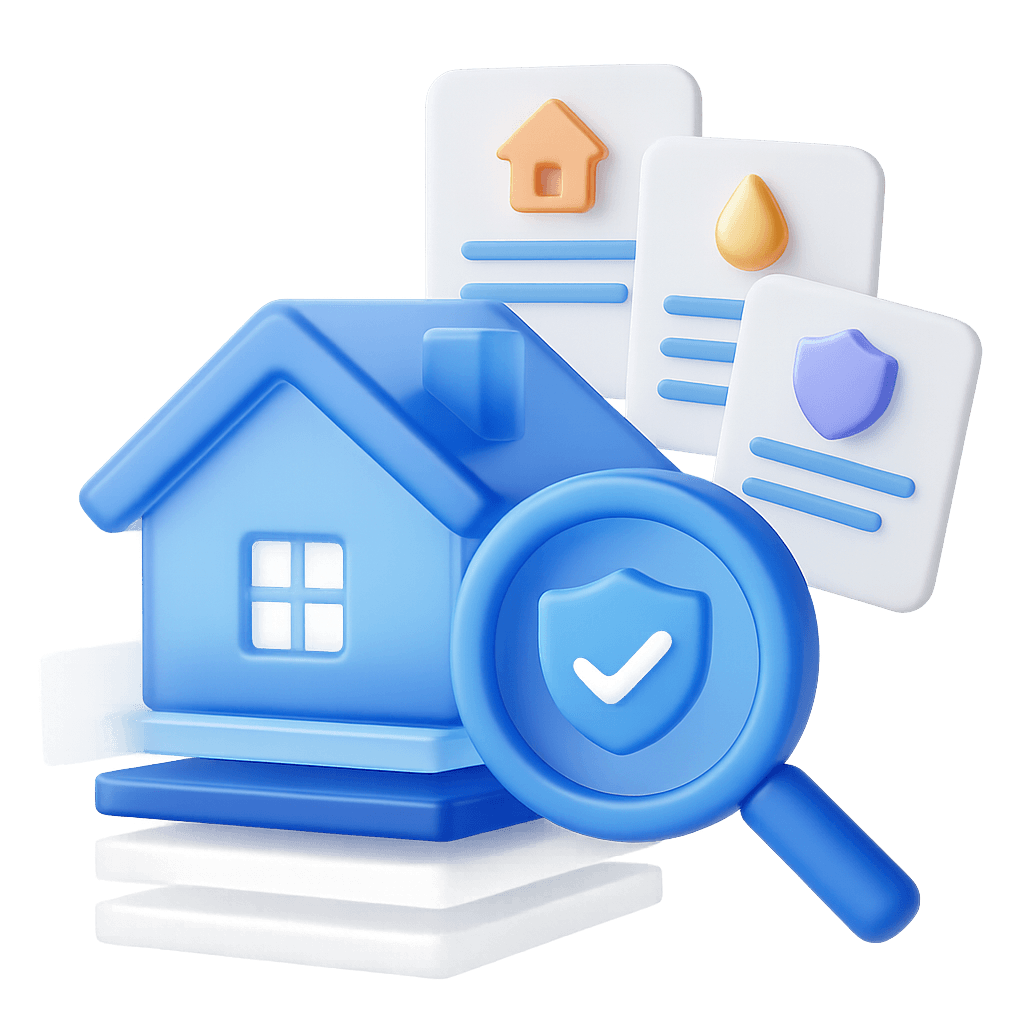 An illustration of a house with a magnifying glass in front of it.